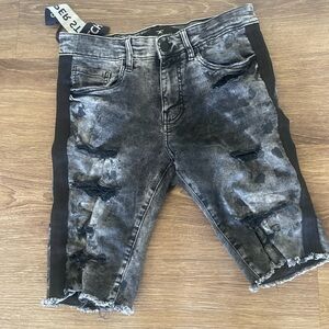Distressed Black and Gray Denim Shorts